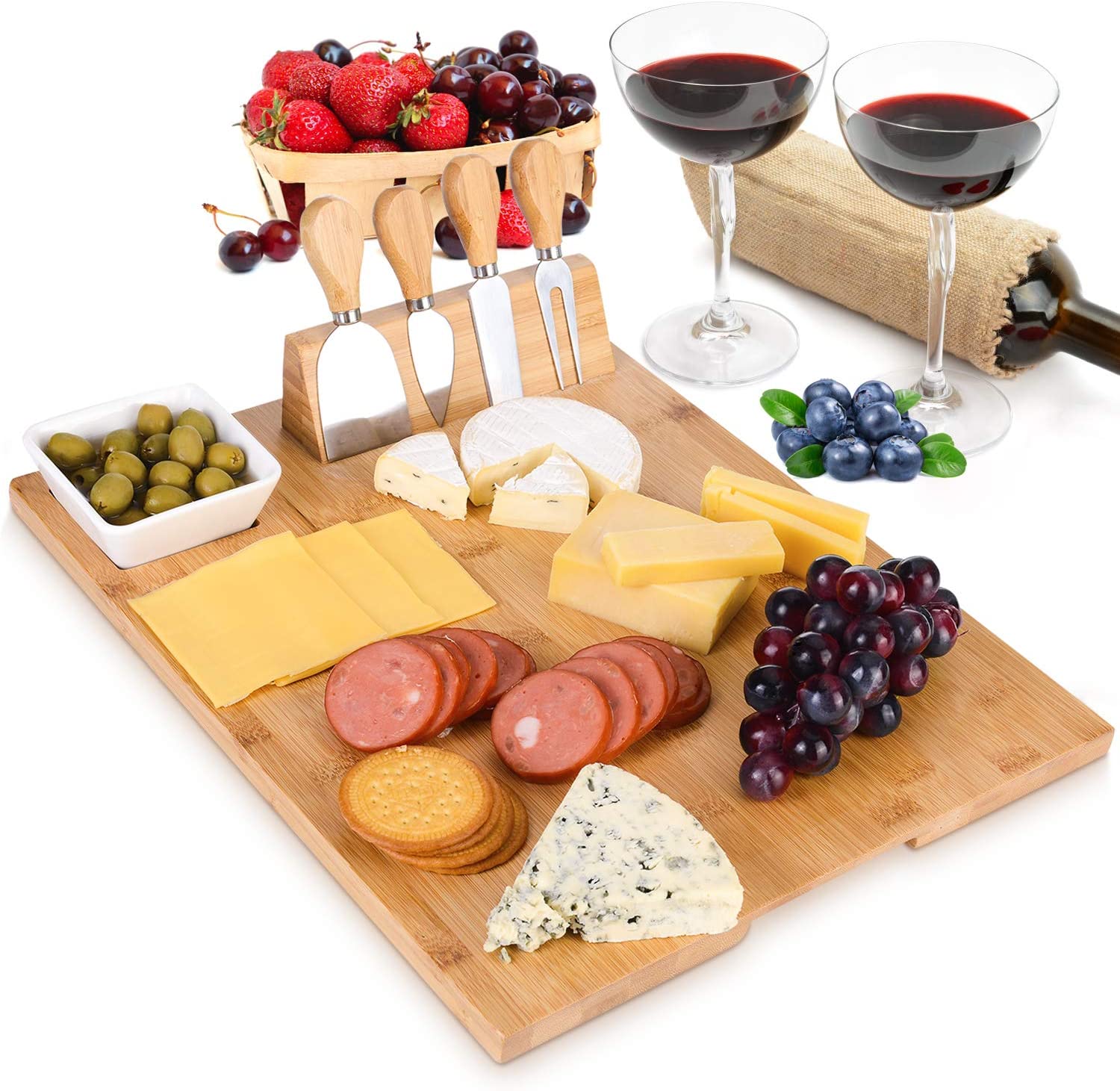 Price:$30.99 ZONE Bamboo Cheese Board Set (Upgrade Type 16" x 13" ) with 4 Specialist Stainless Steel Knife and Ceramic Dish, Perfect Christmas Gifts for Family, Friend or Lover: Cheese Plates