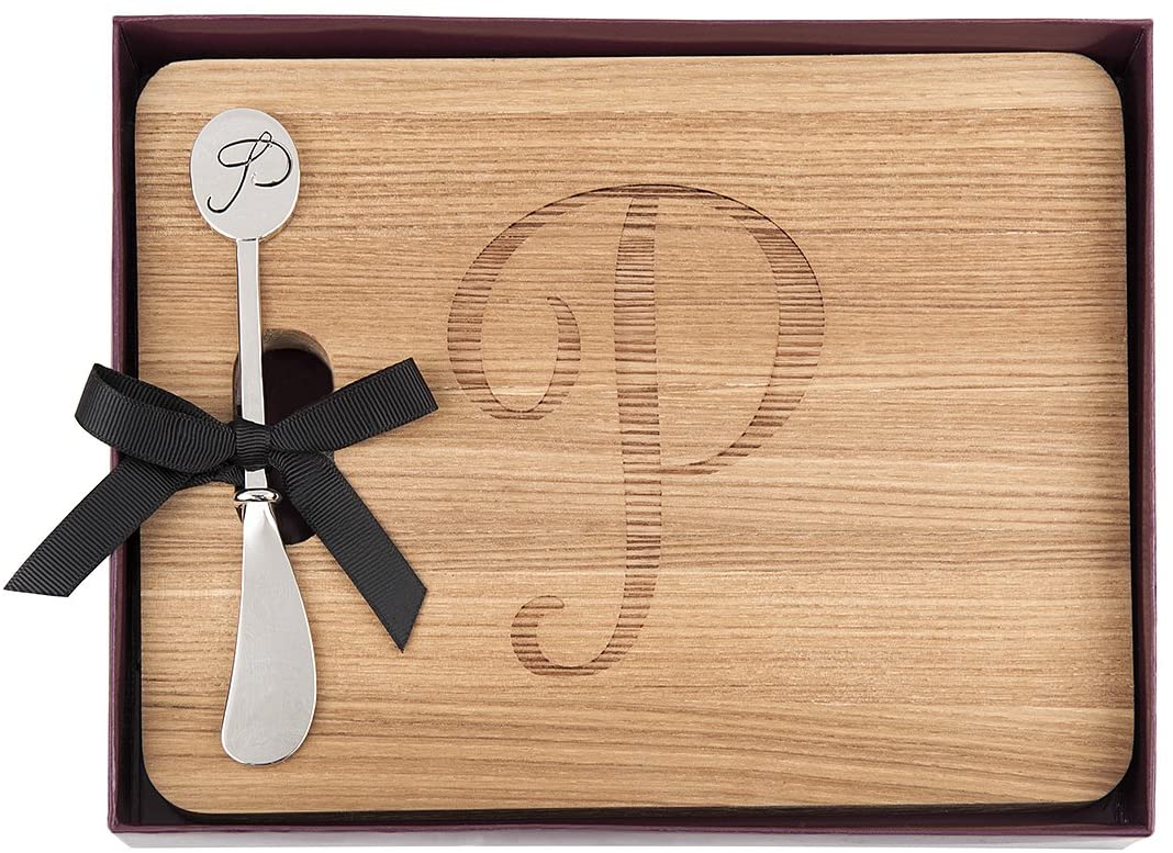 Price:$19.99 Natural Hardwood Fraxinus Mandshurica Foodsafe Cheese Board With Spreader, Initial P: Home & Kitchen