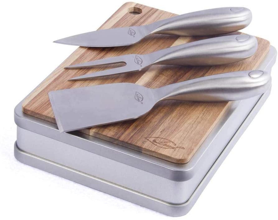 Price:$19.95 4-Piece Cheese knife and Board Serving Set, Small Acacia Wood Board with Stainless Steel Cheese Knife and Cheese Fork in Storage Box, Ideal for Gifts: Home & Kitchen