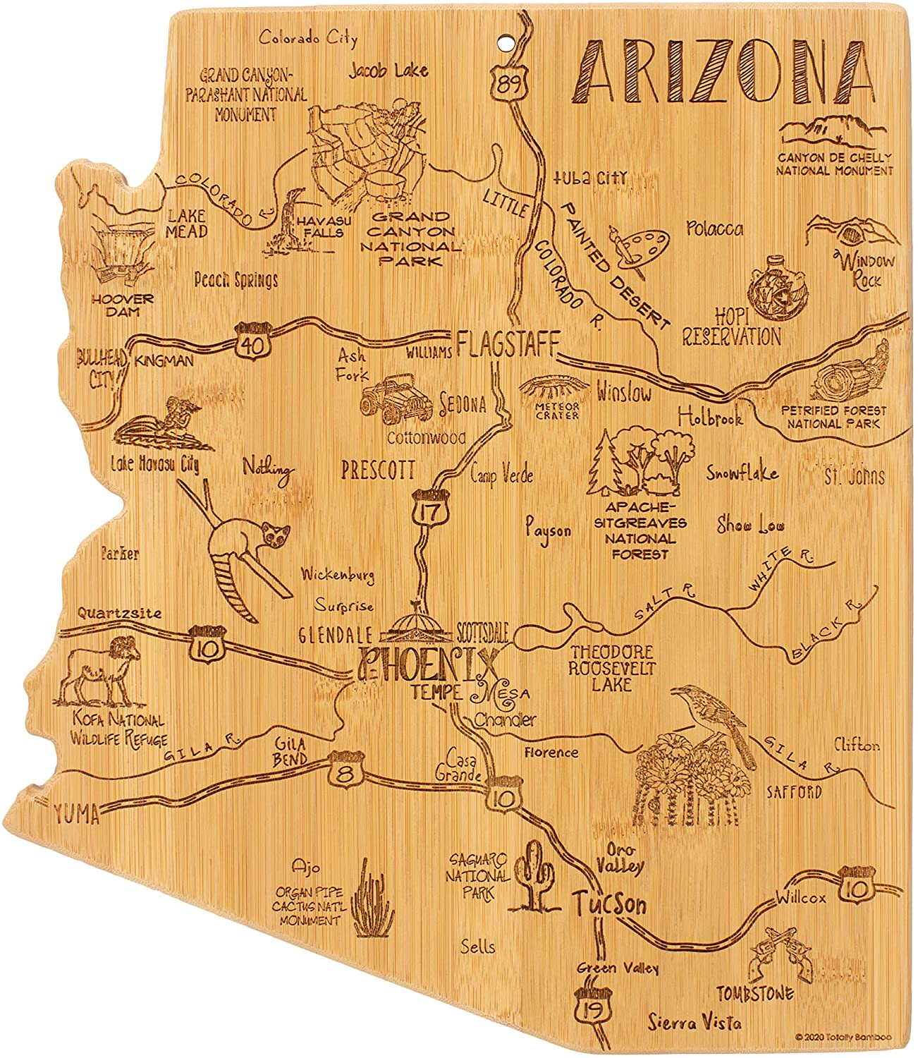 Price:$29.99 Bamboo Destination Arizona State Shaped Serving and Cutting Board, Includes Hang Tie for Wall Display: Home & Kitchen
