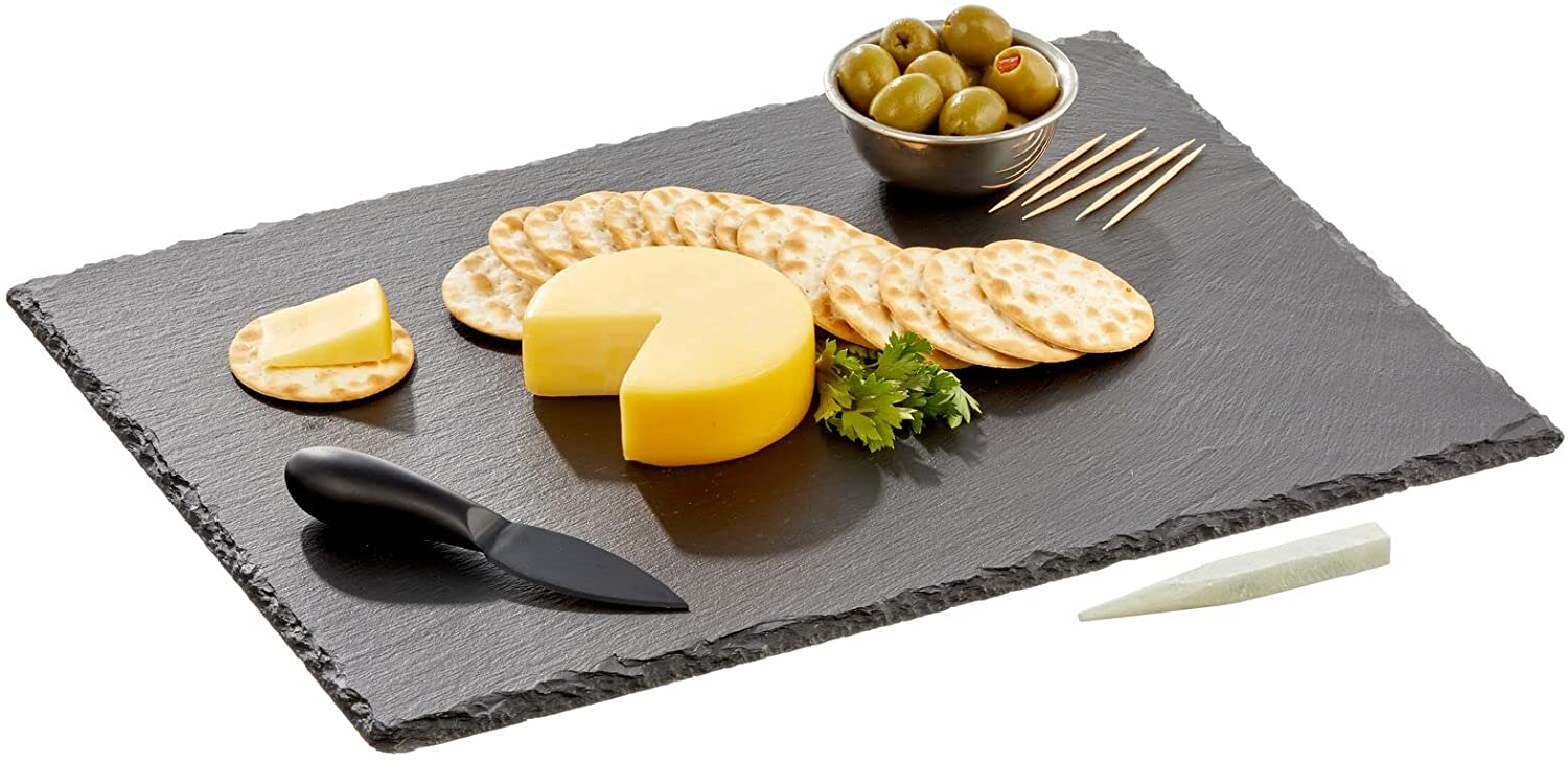 Price:$26.99 Slate Stone Gourmet Chalkboard Serving Platter, Cheese Board, Charcuterie Tray with Natural Edge and Chalk Pencil for Cheese, Meats, Appetizers, Dried Fruits, and Food - Black: Cheese Plates