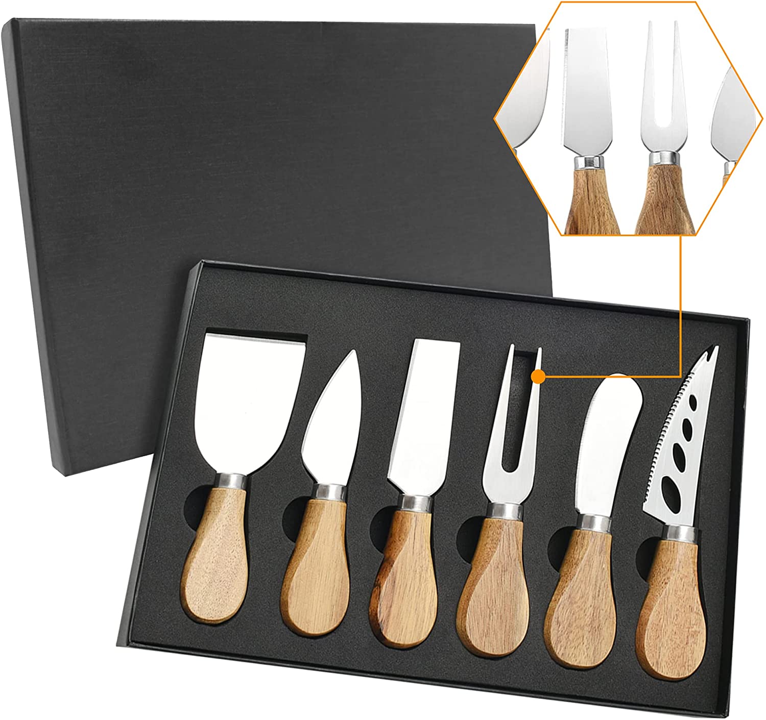 Price:$16.99 6-Piece Cheese Knives Set, Stainless Steel Cheese Knife Collection for Birthday/Parties/Wedding/ Housewarming/Anniversary (Acacia Wood Handle): Home & Kitchen