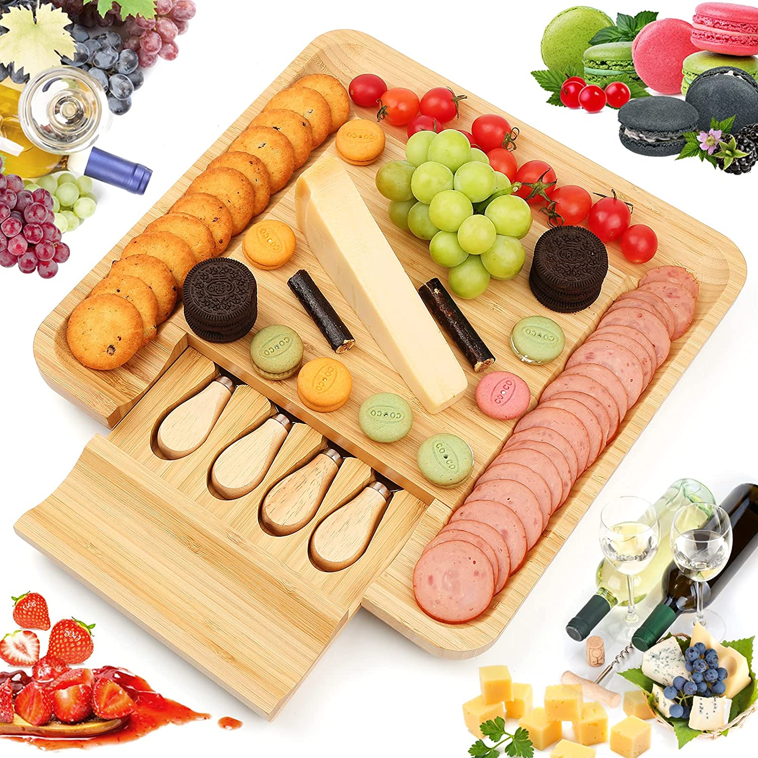 Price:$31.97 Cheese board,Bamboo Charcuterie Board 13 x 13 Inch with Cutlery in Slide out Drawer for Entertaining or Gift Giving for Birthdays, Anniversary,Christmas Thanksgiving,Housewarming: Cheese Plates