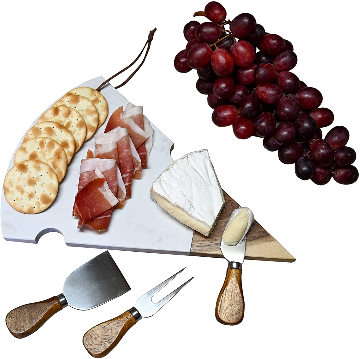 Price:$34.99 Shaped Board with 3 Piece Utensil Set, Beautifully Handcrafted with Acacia Wood and White Marble, Wedge Shaped Cutting Board and Charcuterie Set: Plates