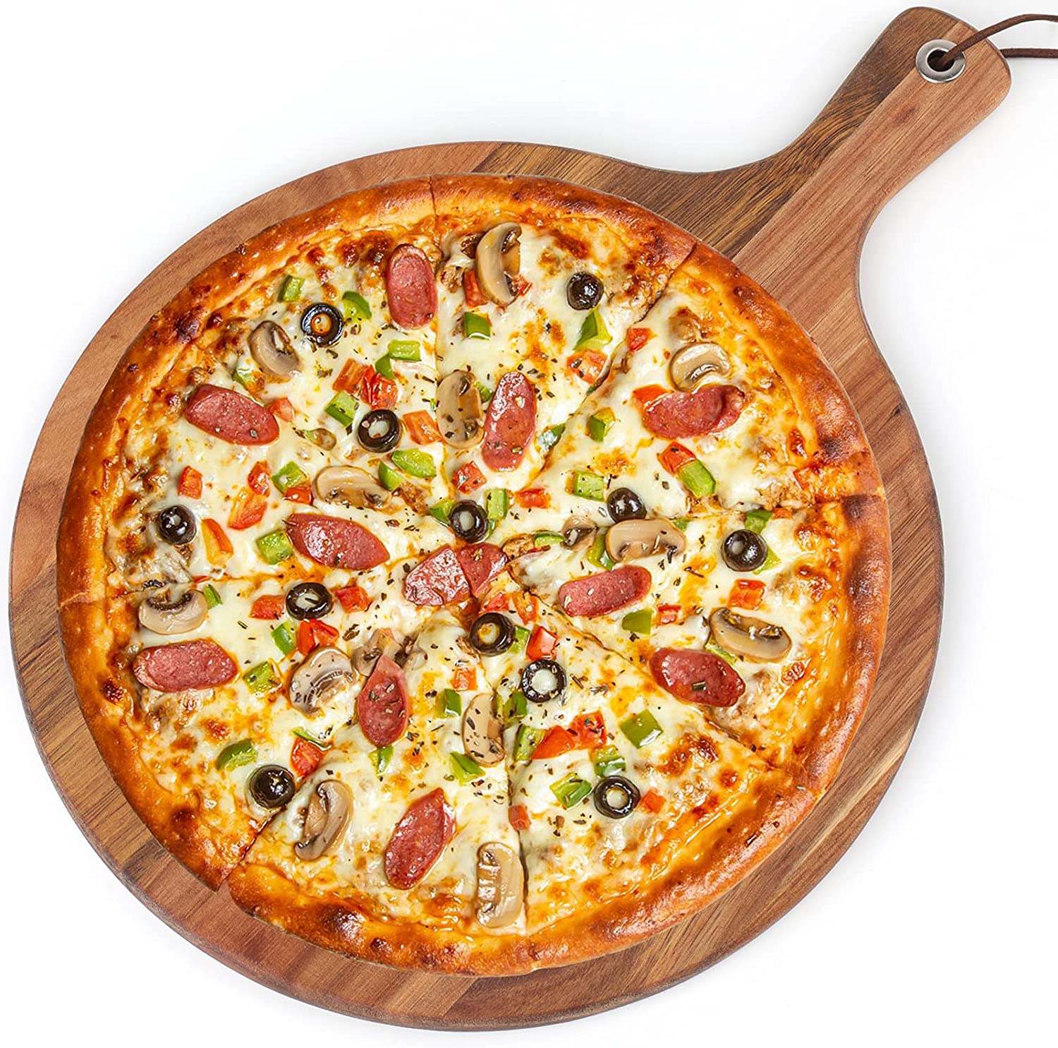Price:$19.21 Acacia Wood Pizza Peel, 12" Round Cutting Board with Handle, Cheese Paddle Fruit Chopping Board Tray for Bread, Vegetables: Home & Kitchen