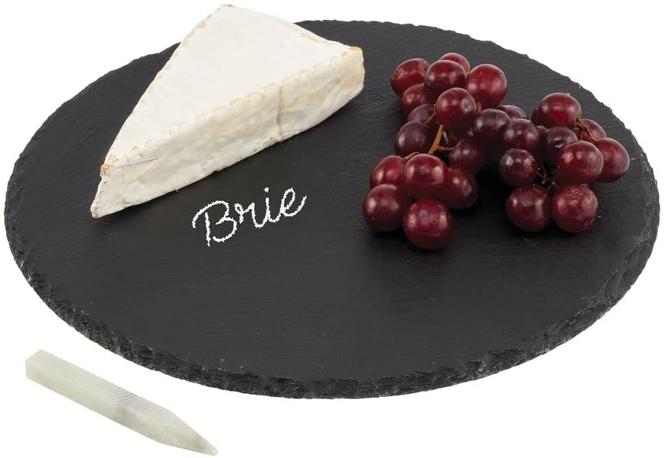 Price:$22.99 Round Slate Stone Gourmet Serving Platter, Cheese Board, Charcuterie Tray with Natural Edge and Chalk Pencil for Cheese, Meats, Appetizers, Dried Fruits - Display Chalkboard - 12" - Black: Platters