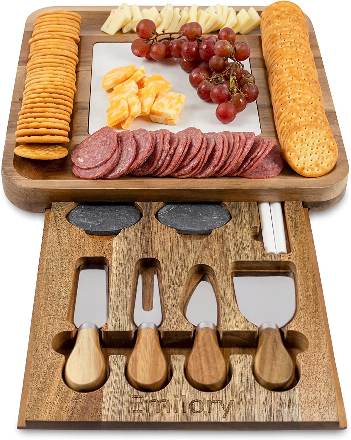 Price:$49.99 Cheese Board and Knife Set: Wood Charcuterie Platter with Removable Marble Cutting Board for Wine, Cheese, Meat: Cheese Plates