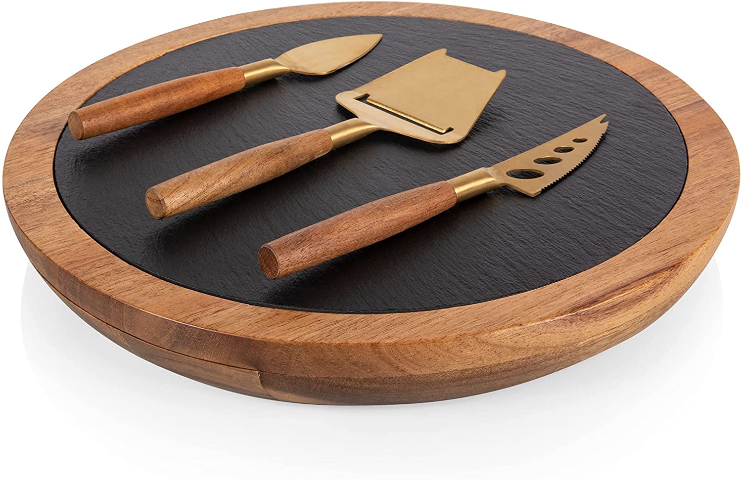 Price:$64.59 - a Picnic Time brand Insignia Slate Board with Cheese Tools Serving Trays & Platters, 12.5 x 12.5 x 1.4, Acacia Wood & Slate Black with Gold Accents: Cheese Plates