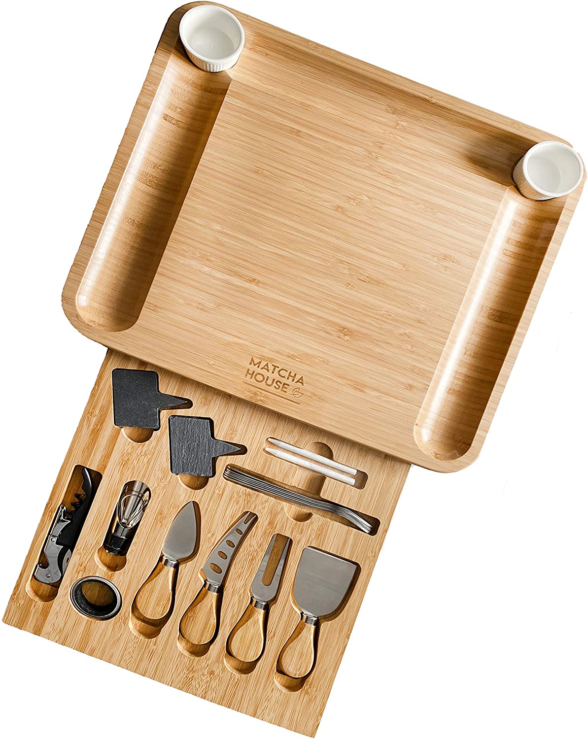 Price:$44.99 Bamboo Cheese Board Set - Large Wooden Serving Tray for Charcuterie Meat Platter and Fruit | Cutlery in Slide Out Hidden Magnet Drawer with 2 Ceramic Bowls Perfect for Fancy House Warming Gift: Cheese Plates