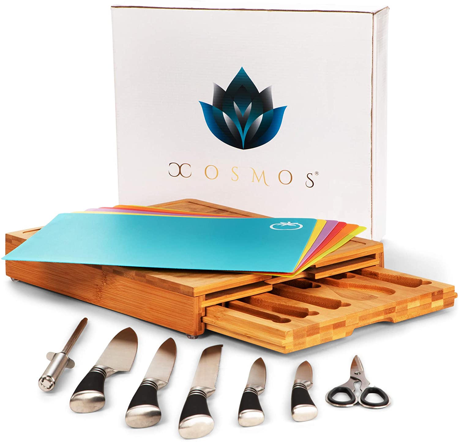 Price:$79.99 Professional Bamboo Cutting Board with Durable 7 Piece Knife Set and BPA-free Mats - Premium Chopping Boards, Space Saving Butcher Blocks - Kitchen Accessories, Multifunctional: Home & Kitchen