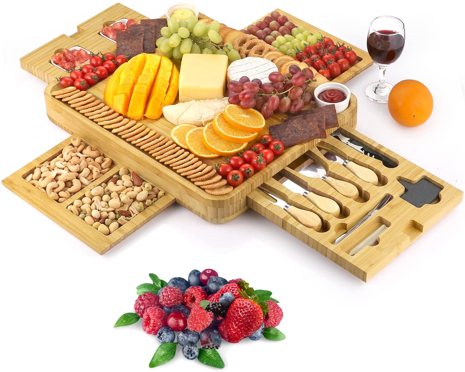 Price:$44.99 Bamboo Cheese Board, Charcuterie Board with Knife Set, Cheese Server, Cheese Platter Board Tray Cutting Board Serving Board Extra Large for Birthday Presents, Wedding Gifts, Housewarming: Cheese Plates