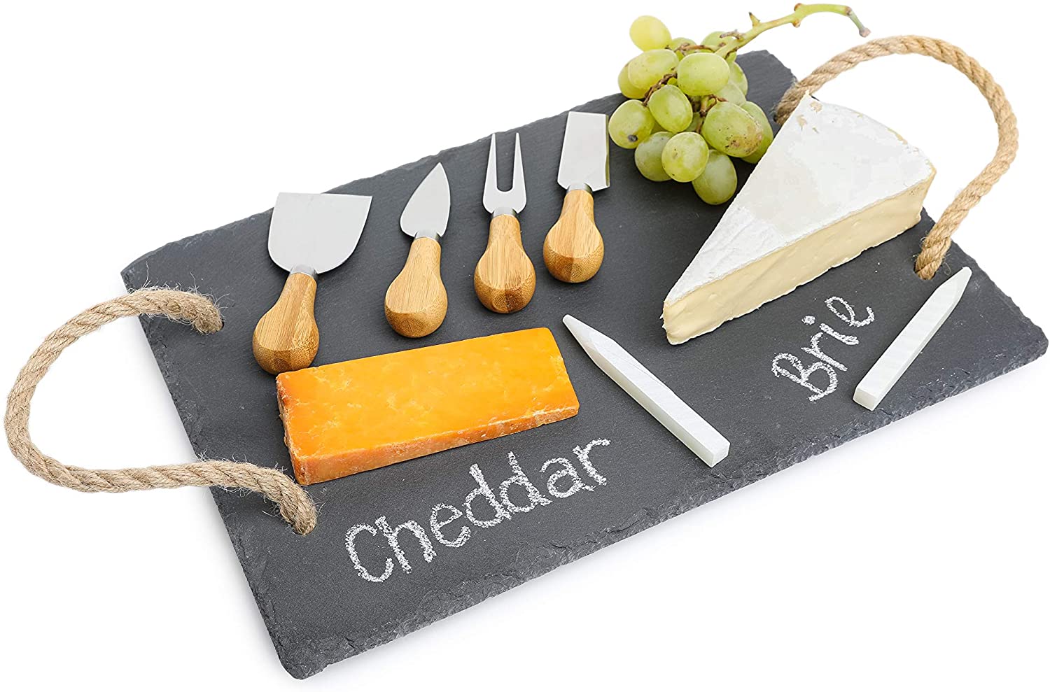 Price:$29.99 Cheese Board and Knife Set 10 in x 15 in - Cheese and Meat Serving Board - 4pc Knives - 2 pieces Soapstone Chalk: Cheese Plates