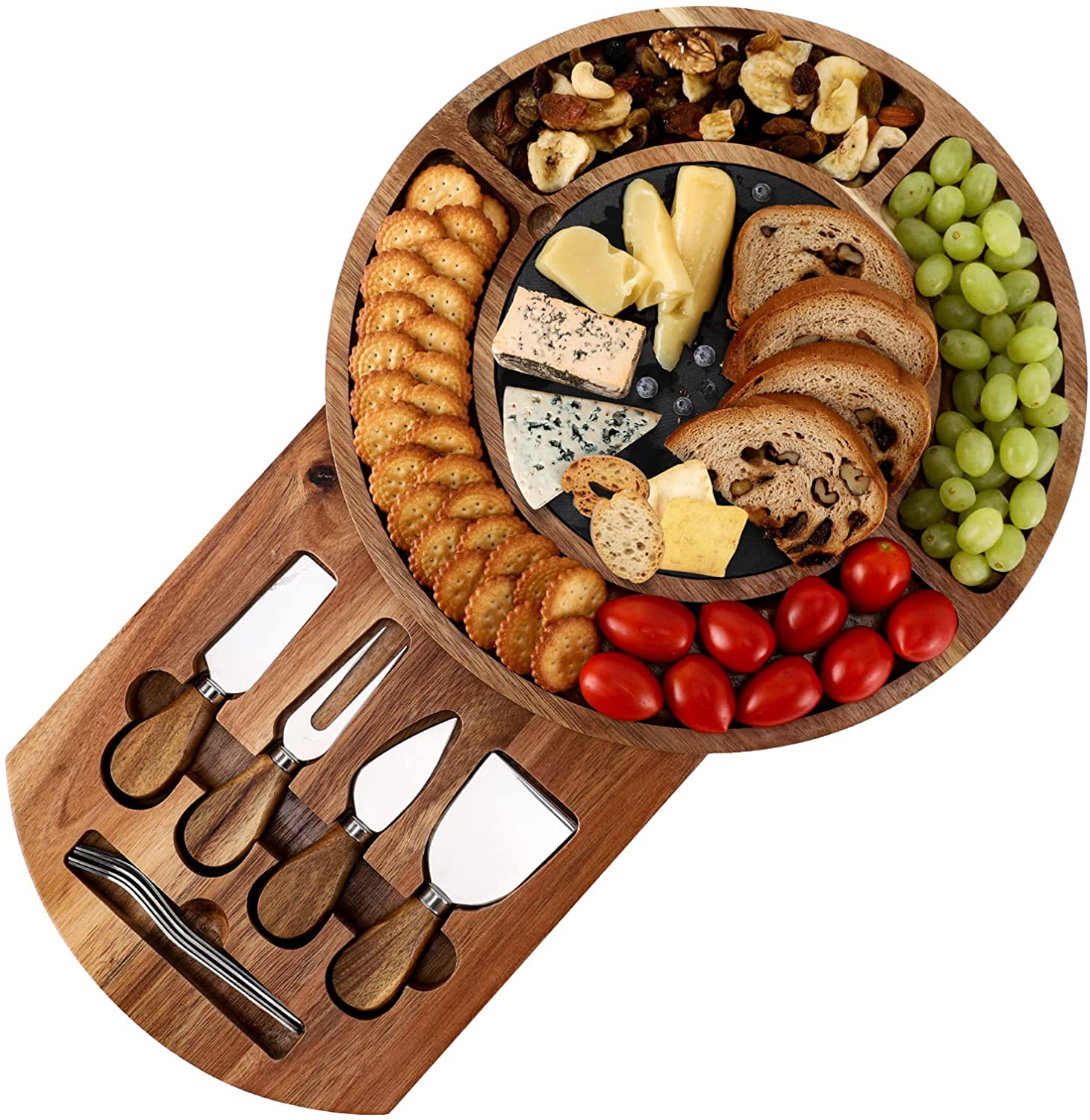 Price:$40.99 Cheese Board and Knife Set, Acacia Wood Round Charcuterie Boards Meat Platter Serving Tray with Magnetic Slide-Out Drawer for Housewarming Christmas Thanksgiving Party Birthday Wedding Gifts: Cheese Plates