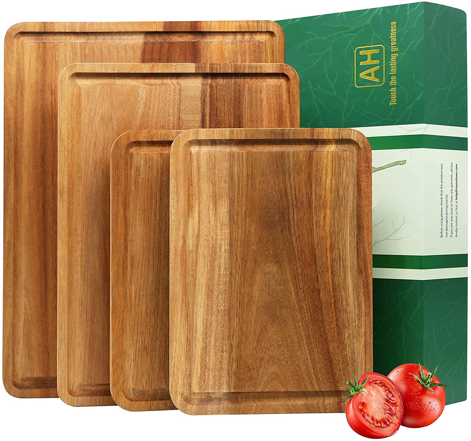 Price:$59.99 Large Wood Cutting Boards Set of 4 for Kitchen Cheese Charcuterie Board (Gift Box Included) Acacia Butcher Block with Non-slip Mats, Juice Groove and Handles (16x12, 14x10, double 11x8 inch): Home & Kitchen