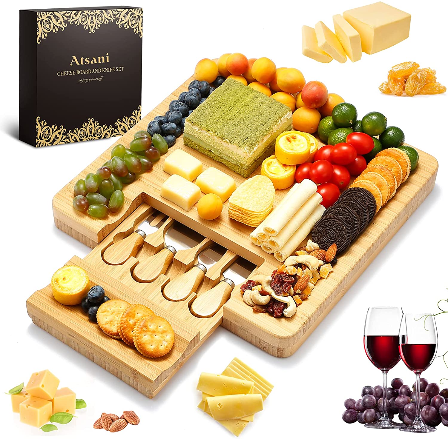 Price:$39.99 Board and Knife Set, Bamboo Cheese Board Set, Cheese Platter Board with Slide-Out Drawer, Cheese Tray for Crackers Brie Meat, Gift for Birthdays/Wedding Registry/Housewarming: Cheese Plates