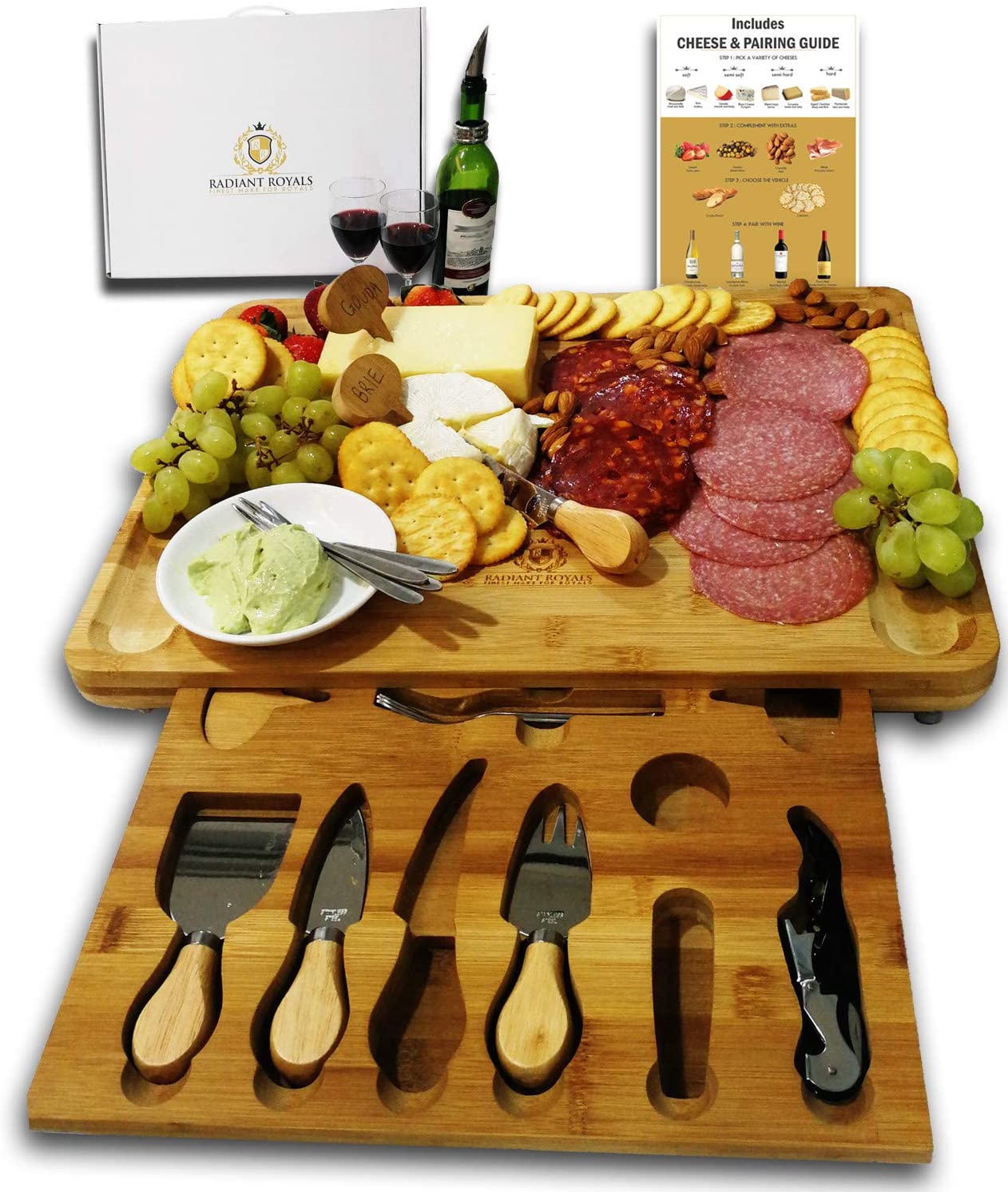 Price:$59.90 Housewarming Gifts, Men, Women Birthday, Thanksgiving Gift | Extra Large Cheese Plate Board with Hidden Magnetic Drawer holding Cheese Knives, Serving Forks, Markers and Wine Accessories: Cheese Plates