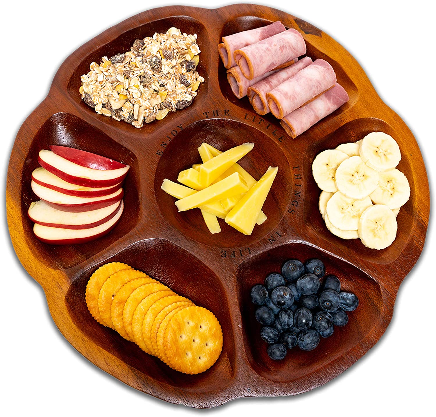 Price:$32.35 Happiness 7-section Premium Acacia Wood Snack Serving Plate for Condiments, Dip Sauce, Nuts, Candy, Fruits, Appetizer, and Cheese: Chip & Dip Sets