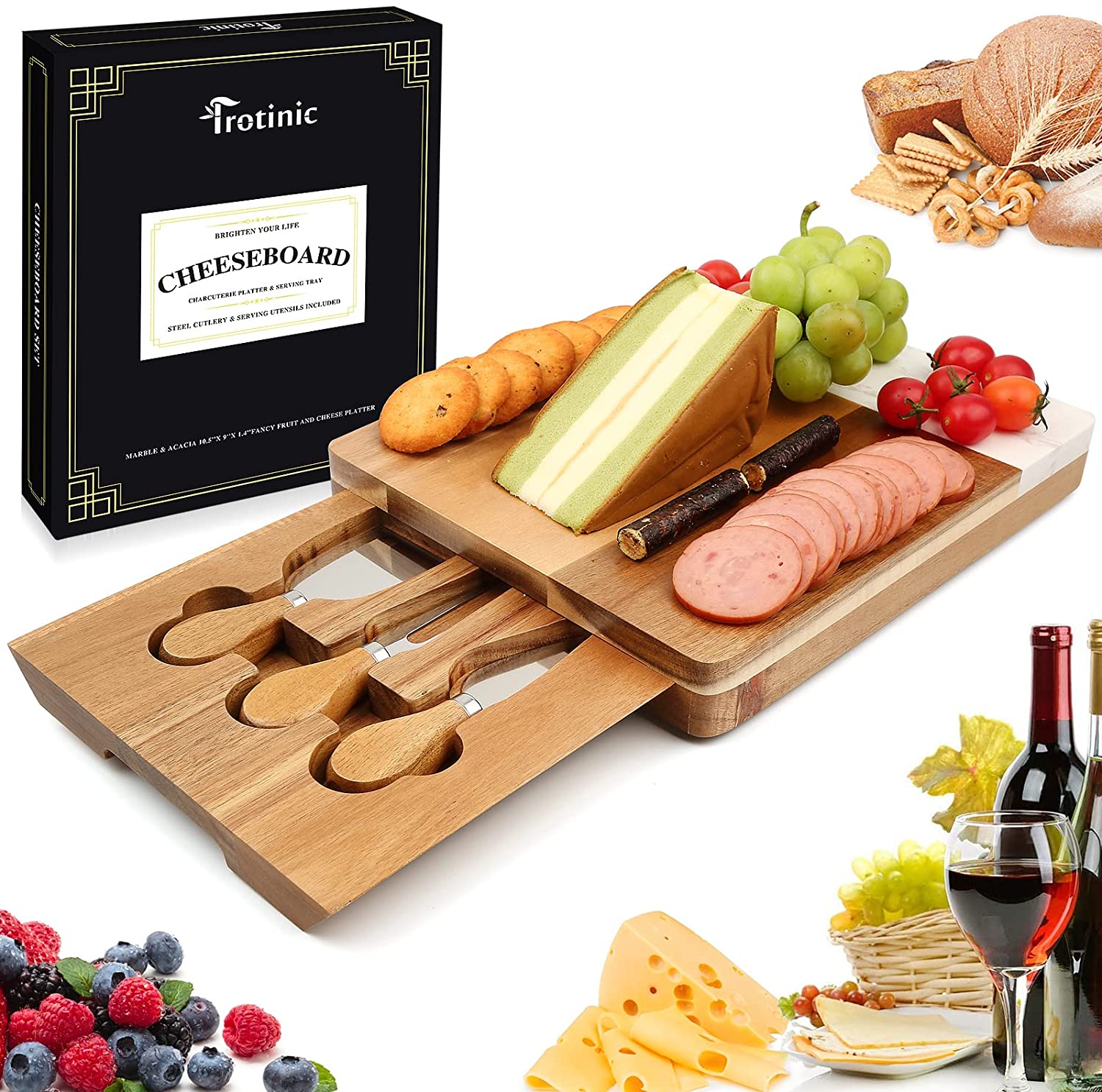 Price:$28.97 Cheese board,Marble and Acacia charcuterie board 12 x 8.75 Inch with Cutlery in Slide-out Drawer for Entertaining or Gift Giving for Birthdays,Anniversary,Christmas Thanksgiving,Housewarming: Cheese Plates