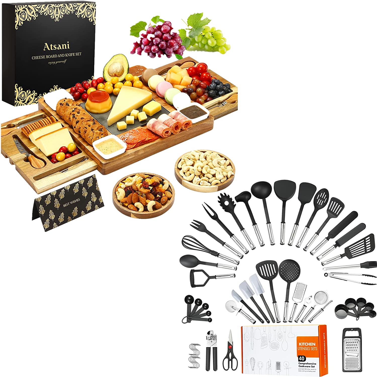 Price:$90.98 Board Set & Knife Set, Cooking Utensils Set, Wood Charcuterie Boards,Tray, 40 Pcs Cooking Utensils, Nylon Cooking Utensils Set, Gift for Valentine, Wedding, Housewarming: Plates