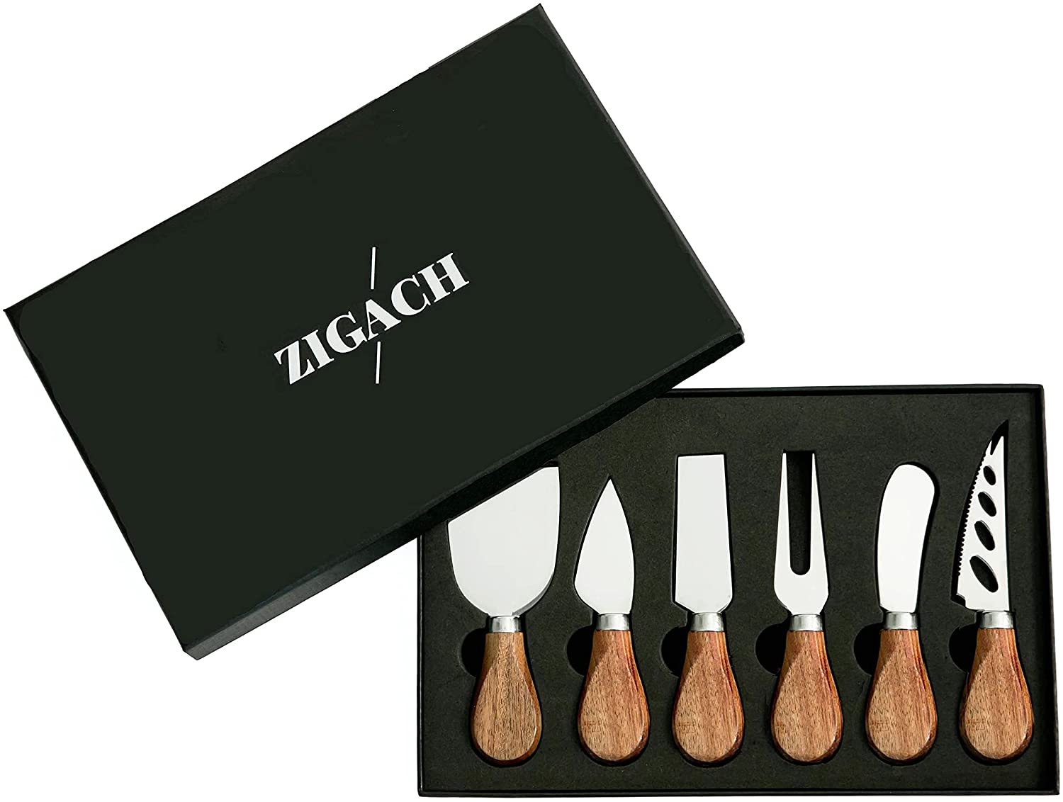 Price:$21.95 ZIGACH Cheese Knife Set 6 - Pieces, Stainless Steel, Cheese Accessories Knives, Cut, Slice, Shave, Spread all Kinds of Hard Soft Cheese Collection (Acacia Wood Handle): Home & Kitchen