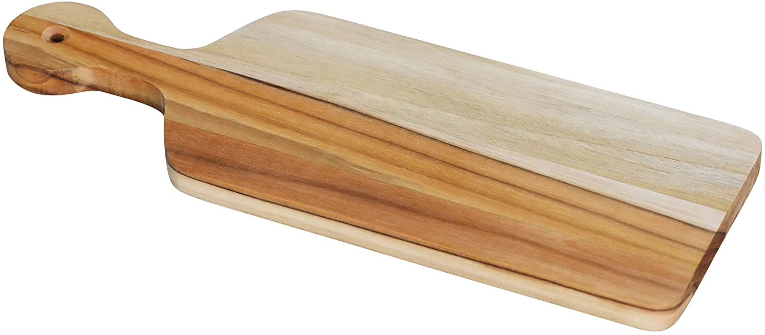 Price:$29.99 Teak Wood Small Cheese Board and Cutting Board with Handle, 17 Inch Long: Home & Kitchen