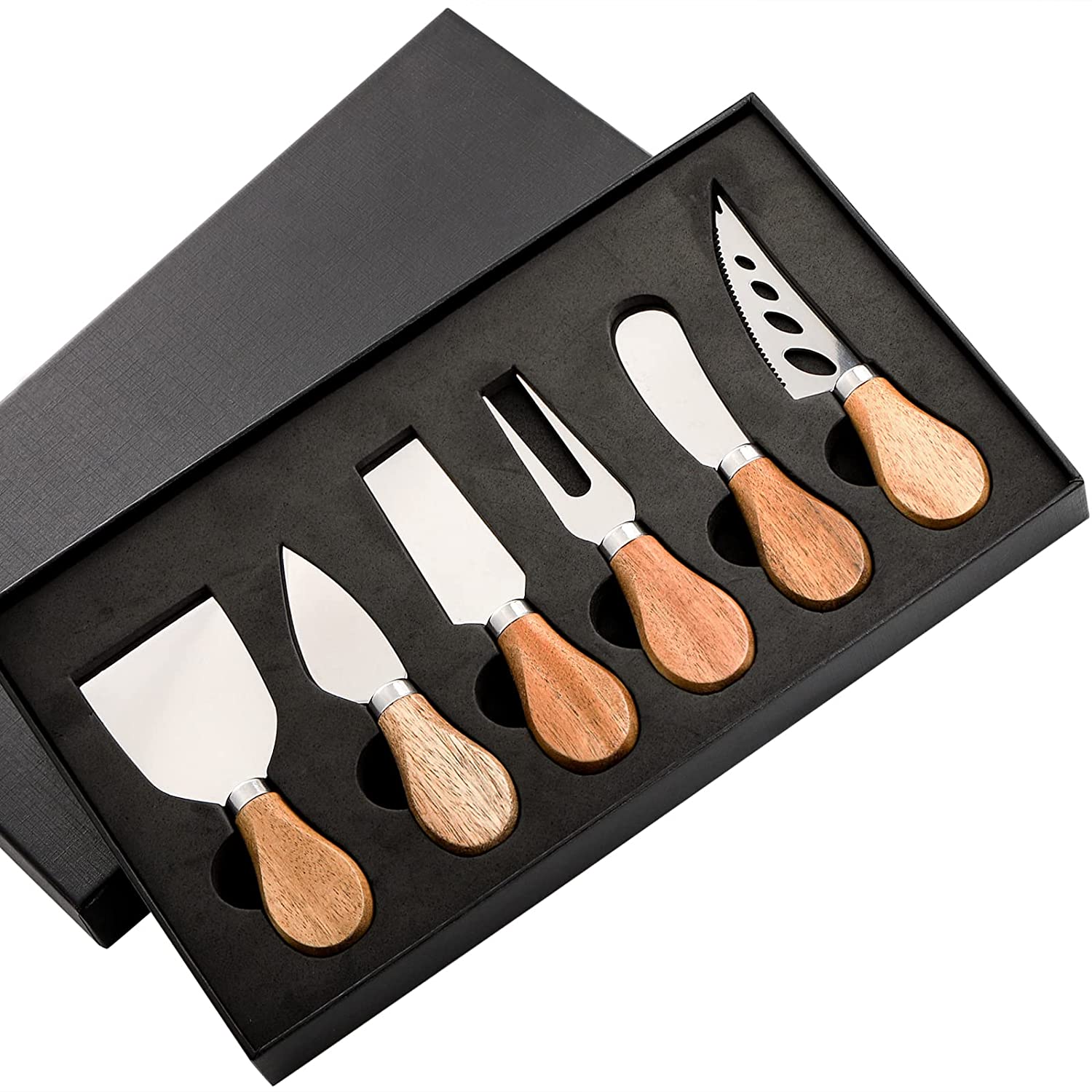 Price:$19.99 6 Piece Cheese Knives Set with Acacia Wood Handles, Stainless Steel Cheese Knife Collection Cutlery Gift Set Cheese Slicer, Cutter, Fork, Spreading Knife for Charcuterie Boards, Pizza, Cake: Home & Kitchen