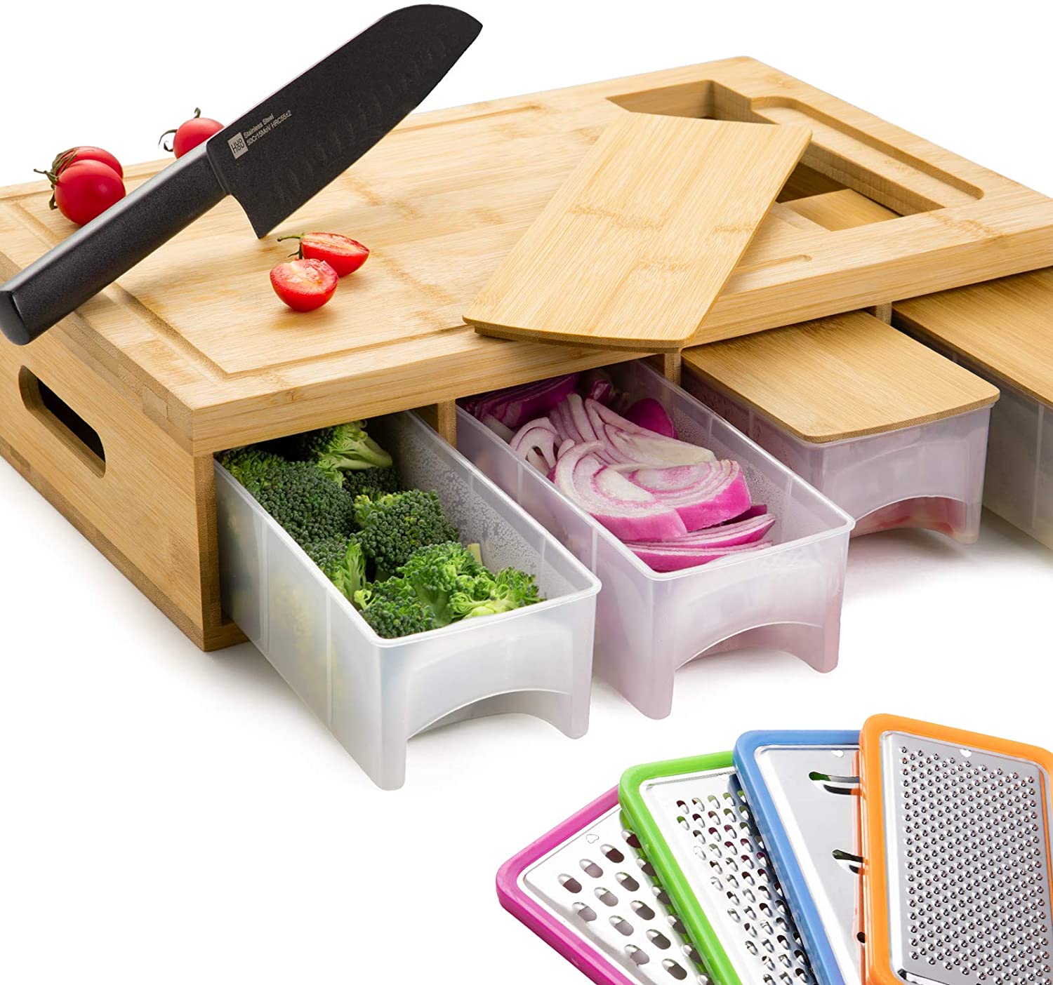 Price:$43.99 Cutting Board with Containers, Lids, Graters, Bamboo Meal Prep Station for Kitchen - Sturdy, Organized, Easy to Use: Home & Kitchen