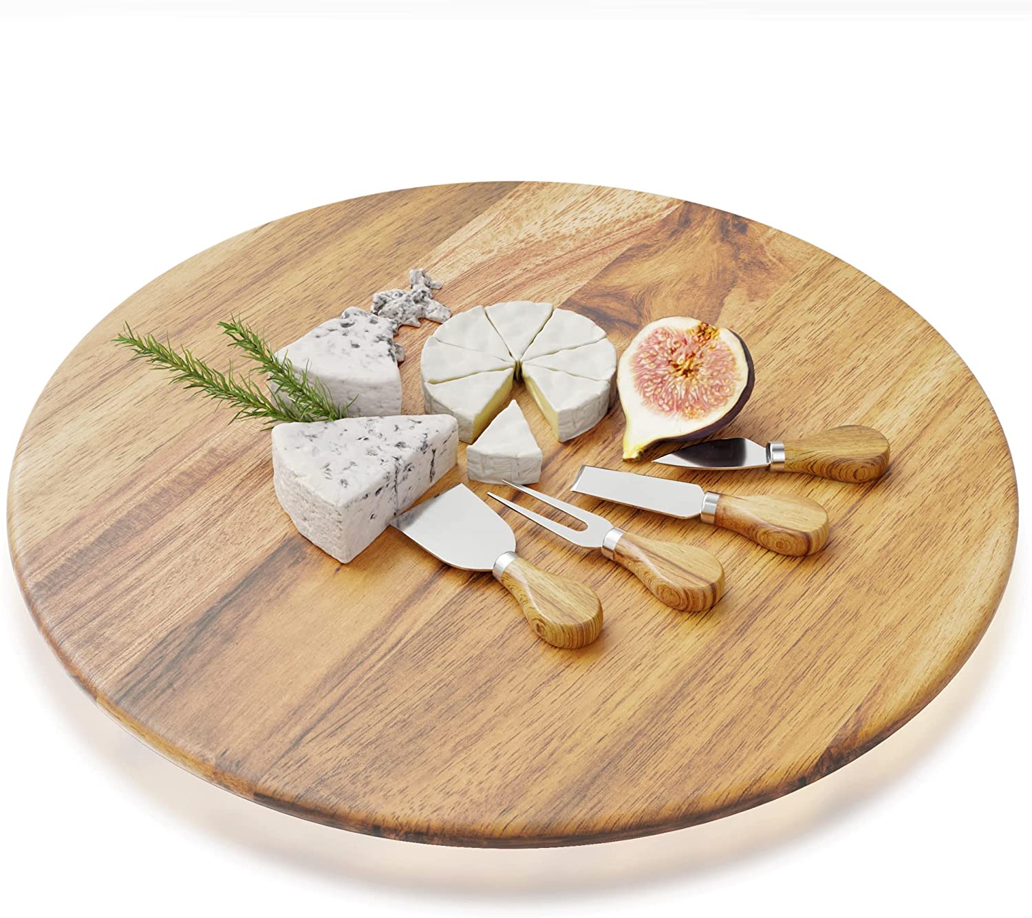 Price:$59.97 - Beautiful 21" Lazy Susan Turntable with Cutlery Set - Solid Acacia Wood Serving Board Spins Smoothly to Enjoy Convenient Dining On Every Table - The Ultimate Cheese Board for Your Gatherings -