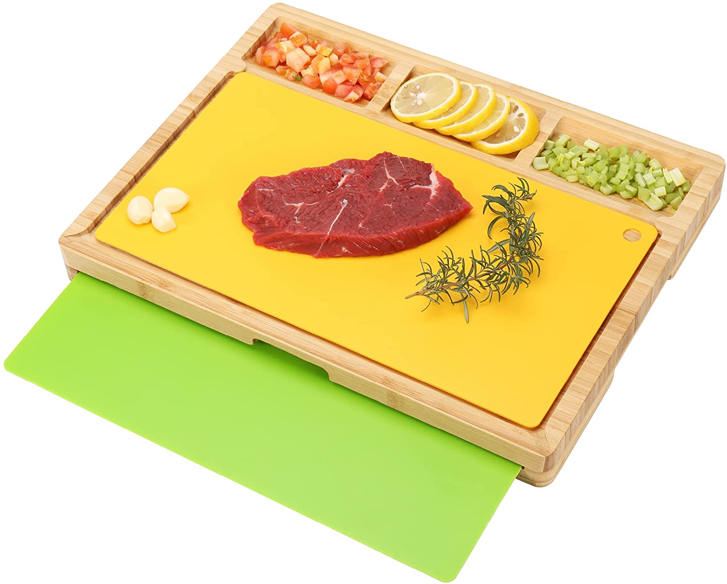 Price:$16.99 Cutting Board Set with 2 Plastic Colored Mats, Large Wood Cheese Charcuterie Board Butcher Block with Juice Groove and 3 Slots for Kitchen Meat, Veggies Chopping: Home & Kitchen