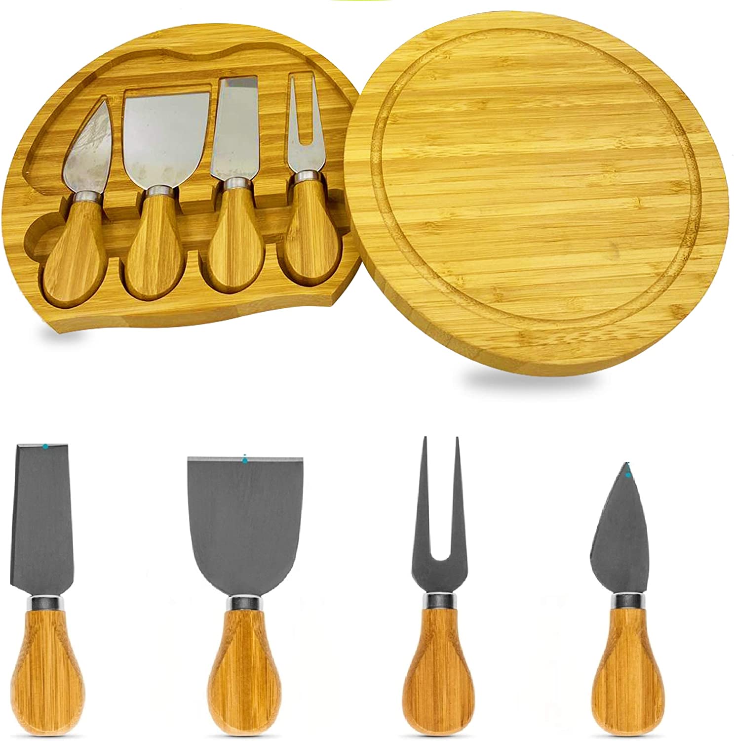 Price:$24.99 Board with Tools Round Cutlery Set Bamboo Charcuterie Board Set With 4 Knives Comes with Slide Out Drawer Platter Serving Tray Durable Best Gift for Wedding Birthday Housewarming (20): Plates