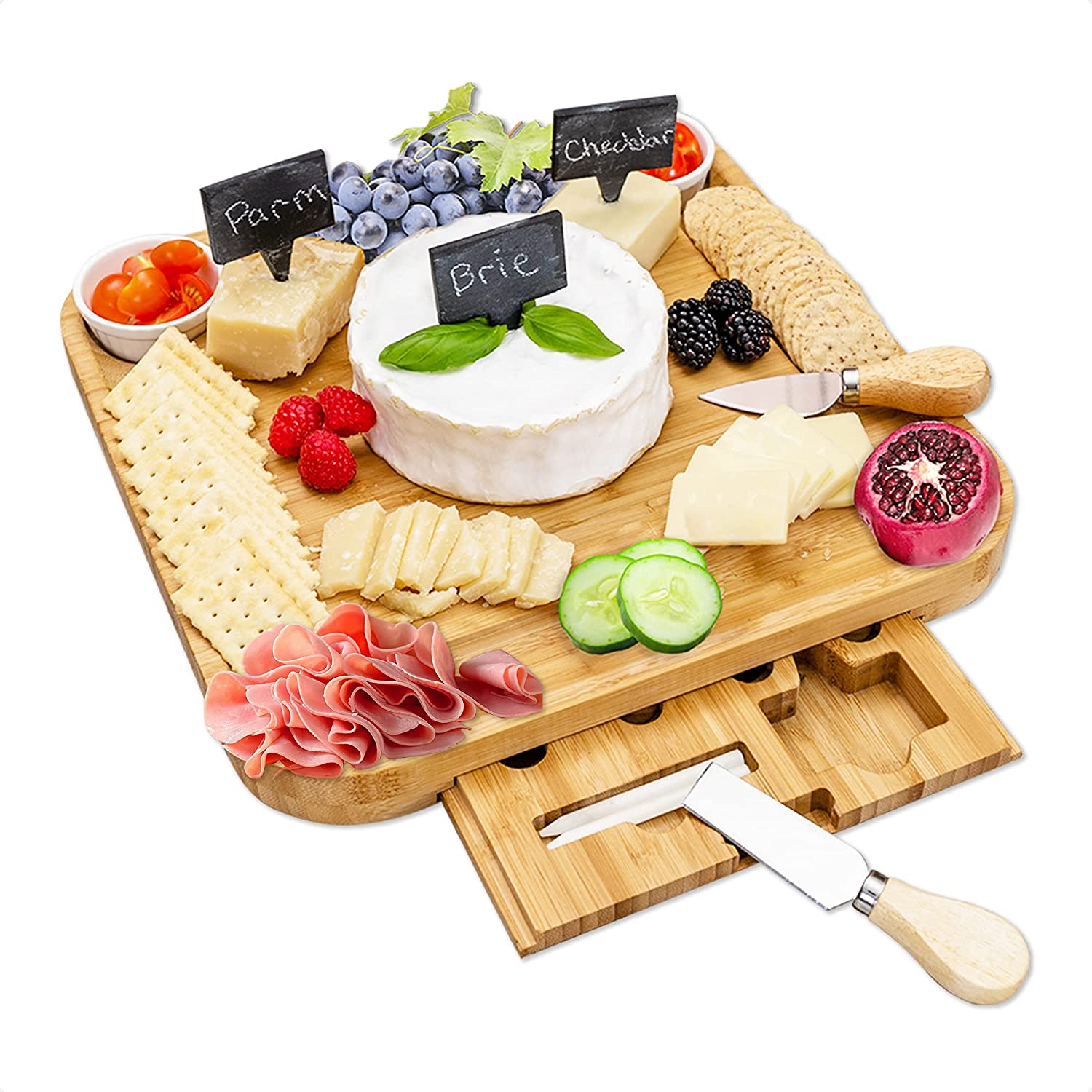 Price:$39.99 Charcuterie Board Set with Knives, Bowls, Labels, and Chalk - Elegant Birthday, Wedding, and Housewarming Gift - Non-Slip Design: Cheese Plates