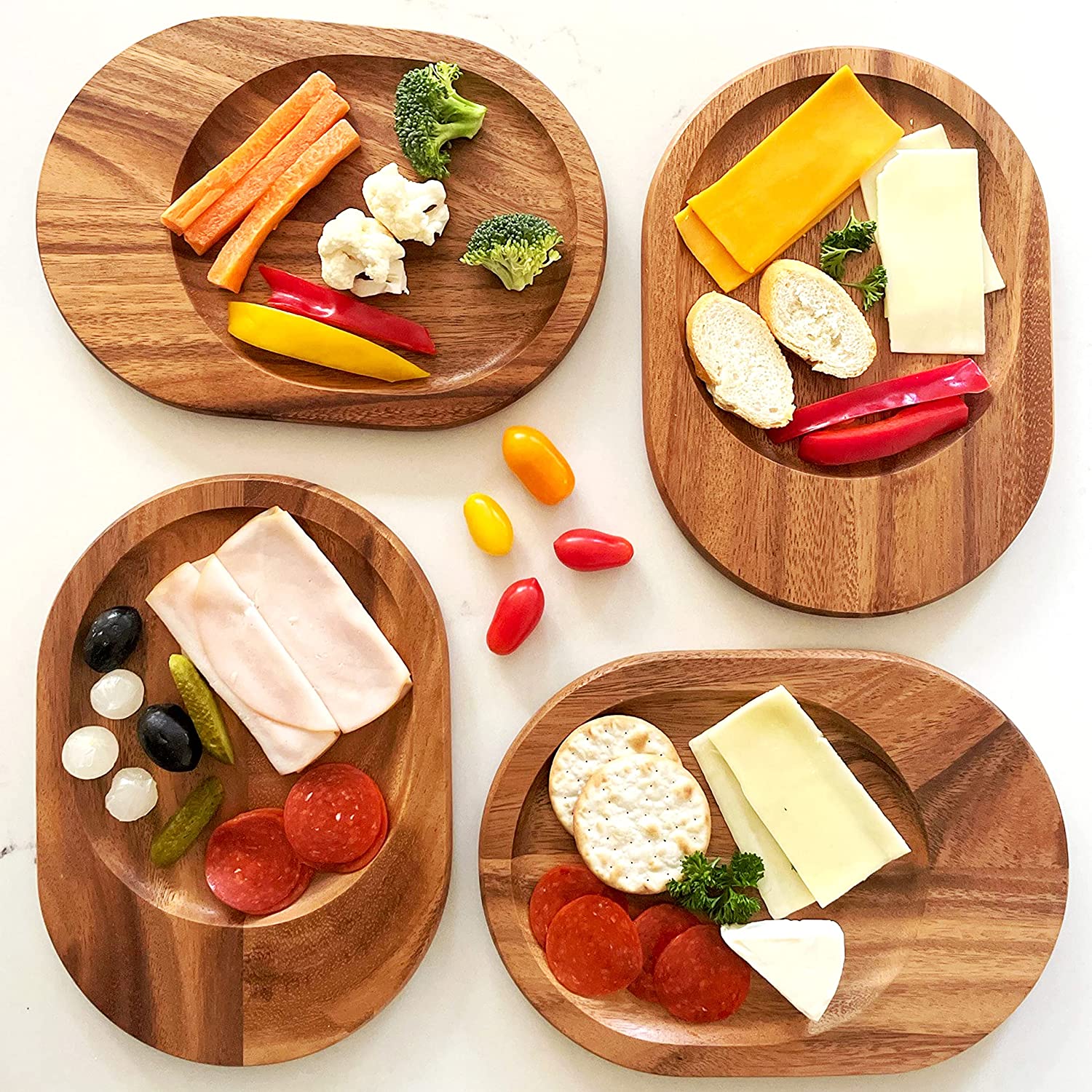 Price:$42.99 Acacia Wood Individual Oval Serving Trays, Perfect for Serving, Sushi, Cheese, Hors d'oeuvre, Charcuterie, Sandwiches, by Woodard & Charles, Piece Set, 10" x 7": Platters