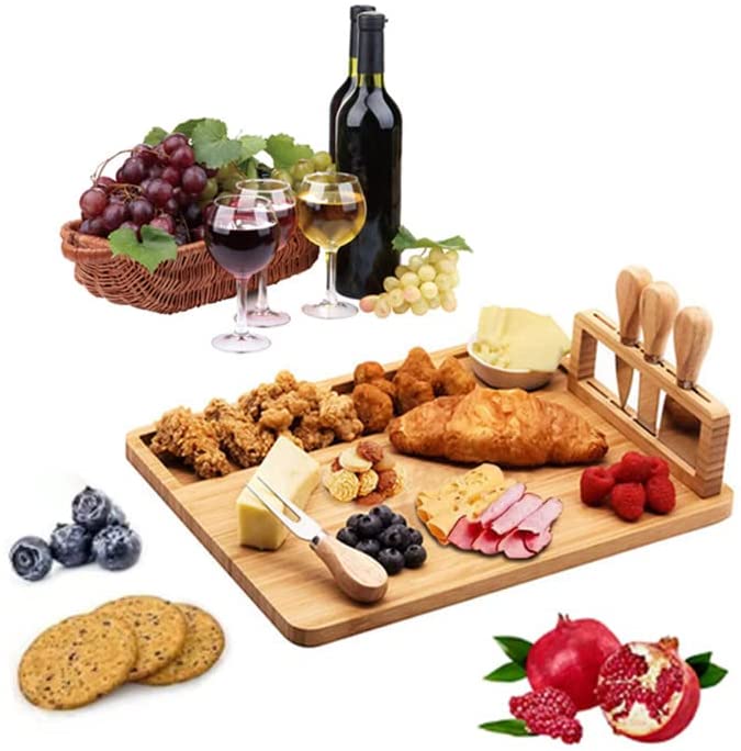 Price:$35.90 Bamboo Cheese Board Set with Cutlery ,Bamboo Wood Serving Tray ,Charcuterie Platter for Serving Wine, Cheese, Meat,Fruits,Unique Gifts for Christmas Wedding Housewarming Anniversary: Cheese Plates