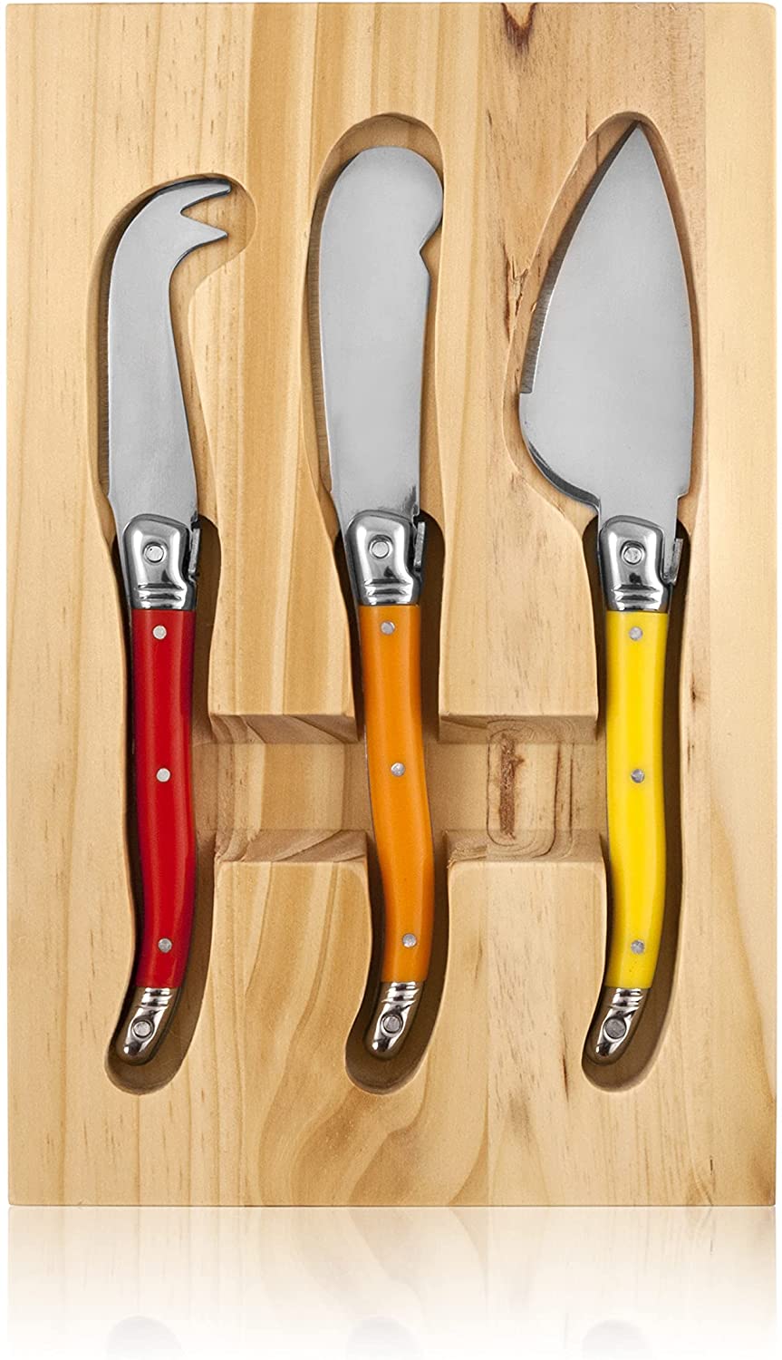 Price:$18.49 Sunnyside Cheese Knives, Set of 3 Stainless Steel and Enamel Tools, Includes Wood Storage and Cheese Tray, Entertaining Gift Set: Home & Kitchen