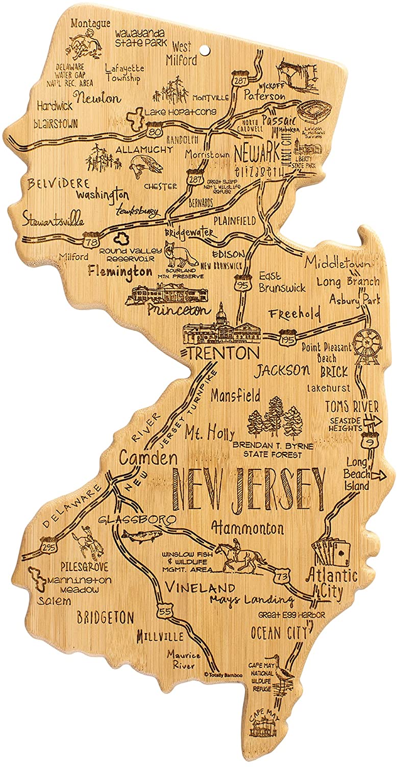 Price:$29.99 Bamboo Destination New Jersey State Shaped Serving and Cutting Board, Includes Hang Tie for Wall Display: Home & Kitchen