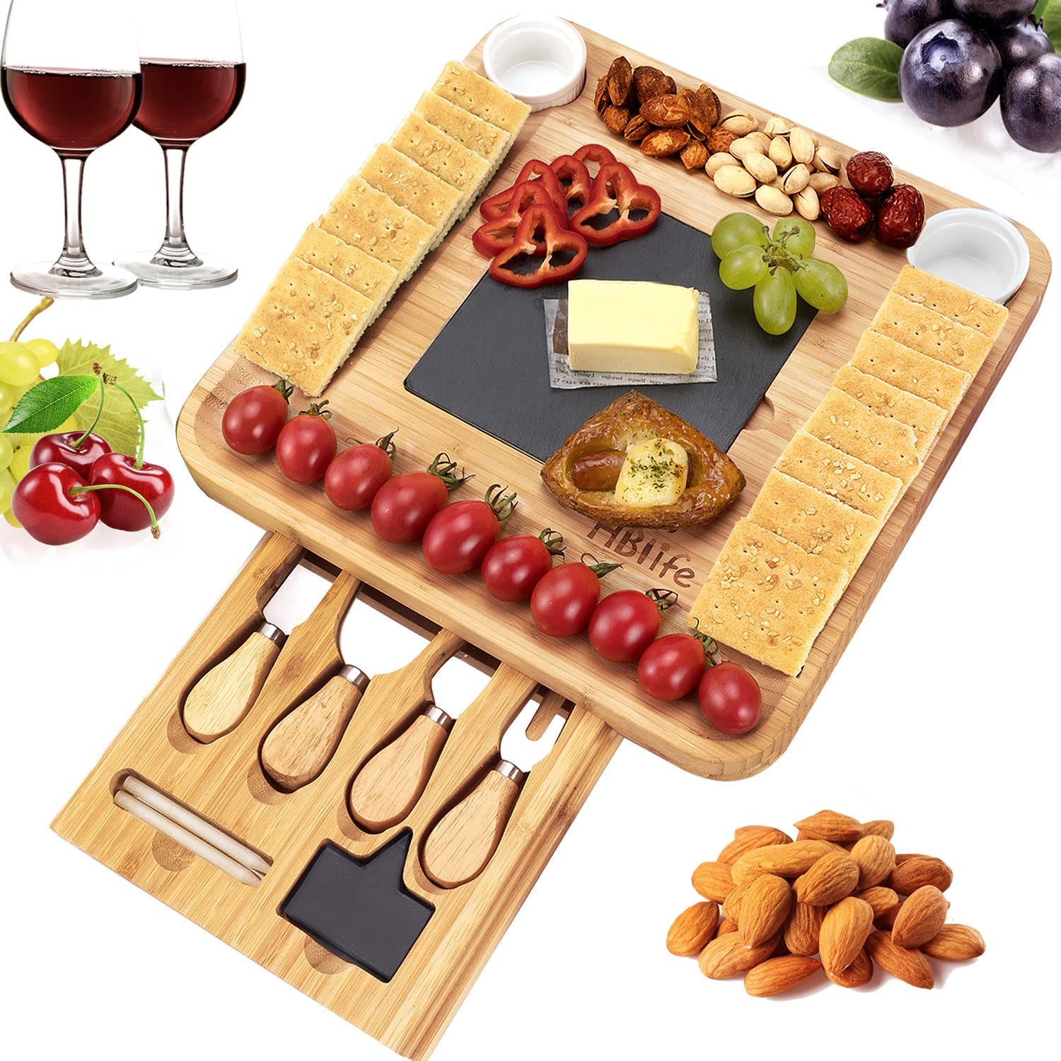 Price:$37.99 Natural Bamboo Cheese Board & Cutlery Set with Slide-Out Drawer and Knife,Charcuterie Platter & Serving Tray,House Warming Gift & Perfect Choice for Christmas Wedding Birthday Anniversary: Cheese Plates