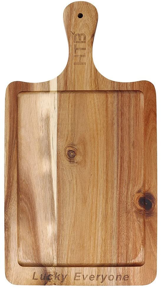 Price:$18.99 Paddle Board Acacia Wood, Wooden Cutting Board Carved "LUCK EVERYONE", Serving Board With Handle By HTB: Home & Kitchen