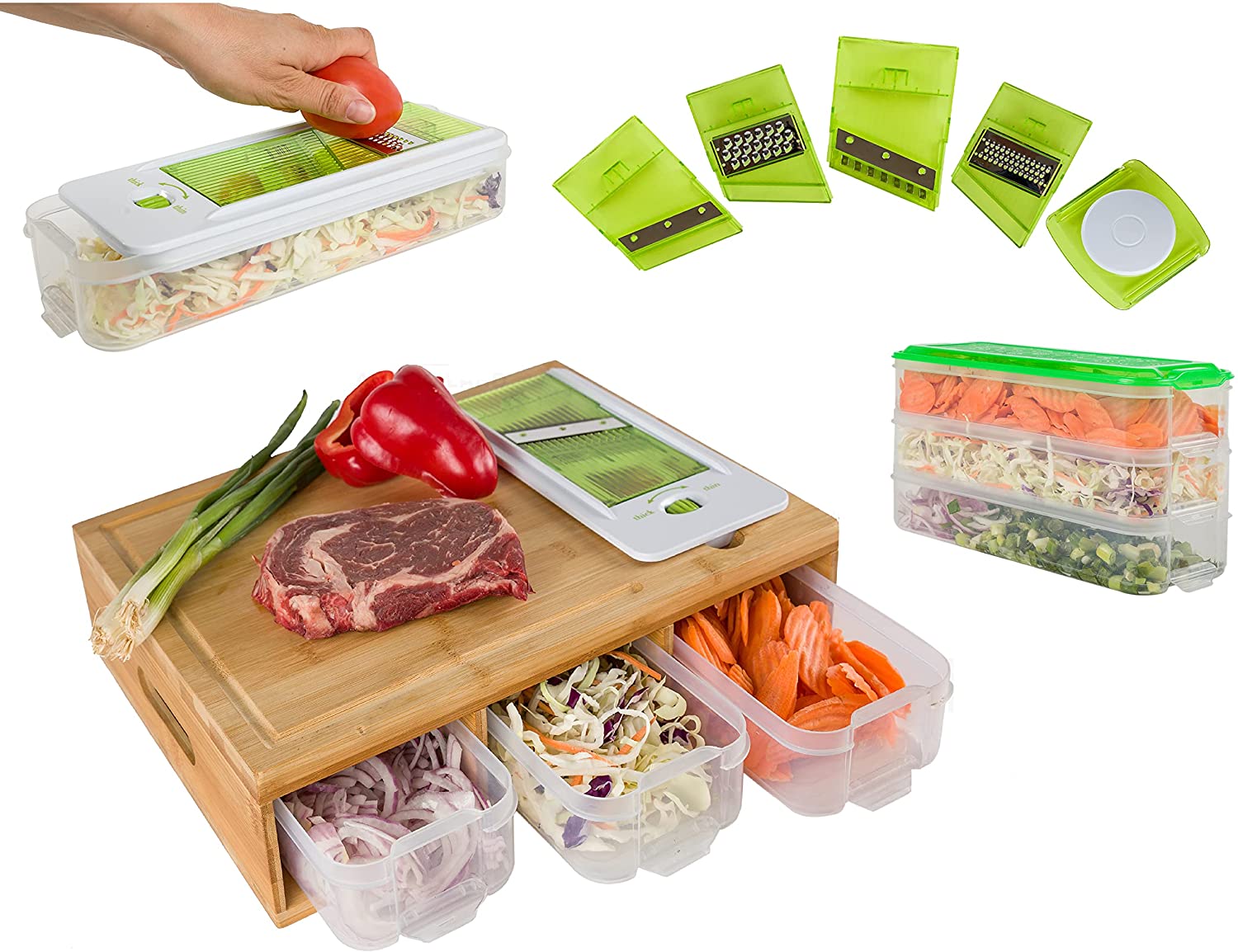 Price:$47.99 LAND Large Bamboo cutting board with trays/drawers, Cutting board with FULL SET 6 Pcs vegetable SLICERS & GARTERS, Cutting/Chopping board with stackable containers for Easy food prep & Storage: Home & Kitchen