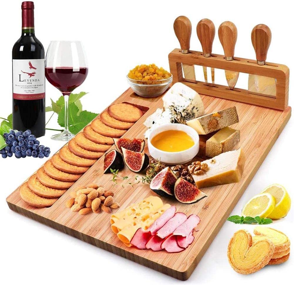 Price:$29.99 Bamboo Cheese Board set 14.17"11"0.8", Charcuterie Platter and Serving Meat Board Including 4 Stainless Steel Knife, Cheese Tray for Cracker, Briea nd Meat, Housewarming Christmas Gift: Cheese Plates