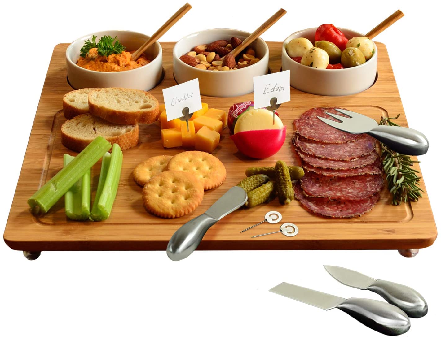 Price:$44.00 at Ascot Bamboo Cheese Board/Charcuterie Platter - Includes 3 Ceramic Bowls, Bamboo Spoons, Stainless Steel Cheese Tools, Cheese Markers - Designed and Quality Checked in the USA: Cheese Plates