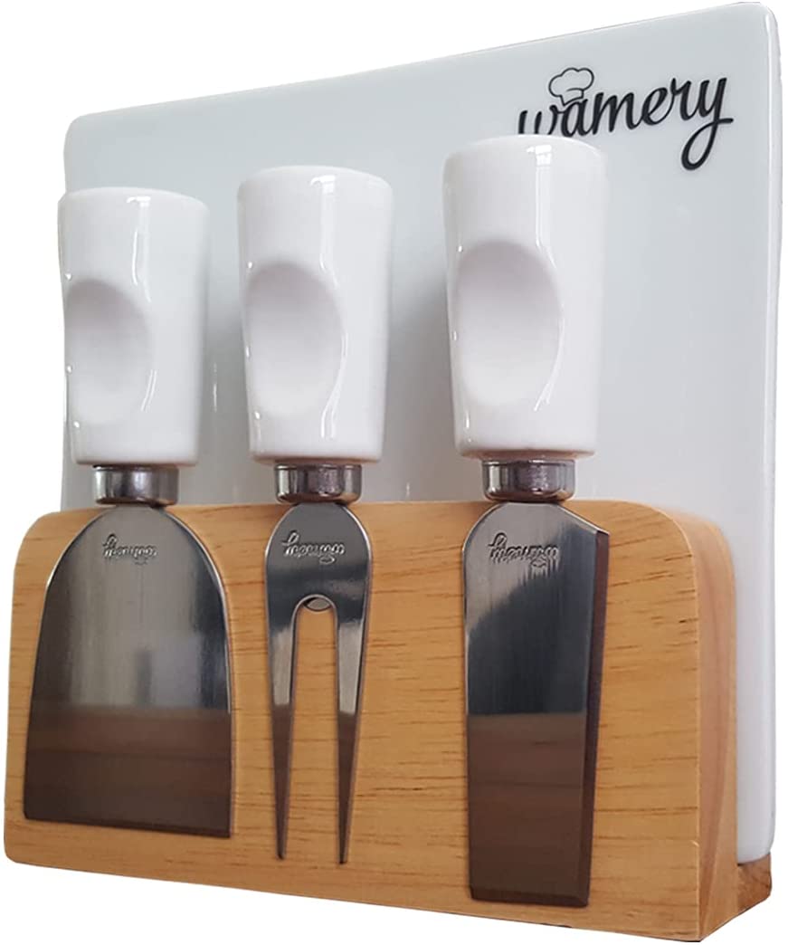 Price:$14.99 Cheese Knife Set 3 piece Stainless Steel Cheese Knives Set and Small Ceramic Cheese Board with Magnetic Wooden Holder Ideal Portable Charcuterie Board for Pairing with Wine Meat and Fruit: Home & Kitchen