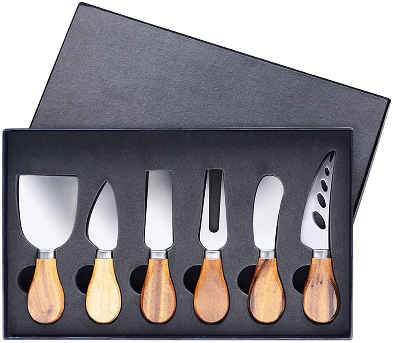 Price:$14.45 Cheese Knives with Wood Handle Stainless Steel Cheese Slicer Cheese Cutter Cheese Fork, 6-Piece Cheese Spreading Knife Sets for Charcuterie Boards, Cutlery Gift Set (Gift Box): Home & Kitchen
