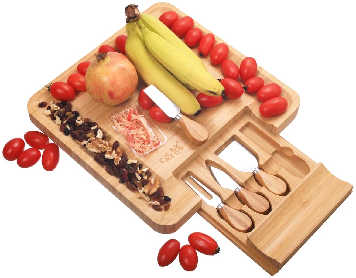 Price:$45.99 13'' Bamboo Cutting Cheese Board and Knife Set, Wooden Charcuterie Platter Meat Tray w / Slide-Out Drawers with 4 Cheese Stainless Steel Knives, Chopping Board Food Prep Station Serving Board : Home & Kitchen