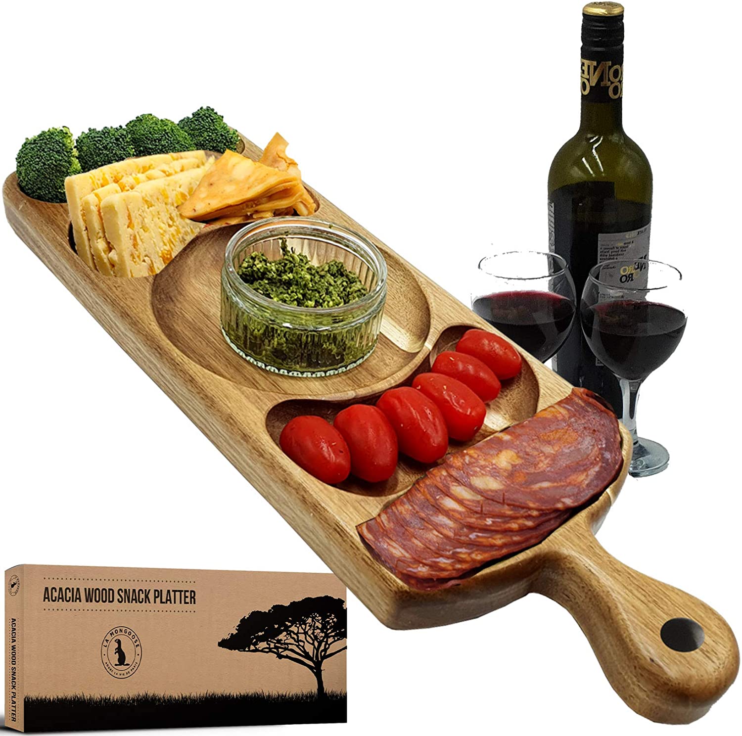 Price:$29.99 Wood Serving Platter 17 x 6" with Grooves & Handle. Luxury Snack Paddle Large XL Reversible Tray for Dinner Parties. Ideal for Chips Dips Crudités Cheese Charcuterie. Holidays Present Gift Idea: Platters