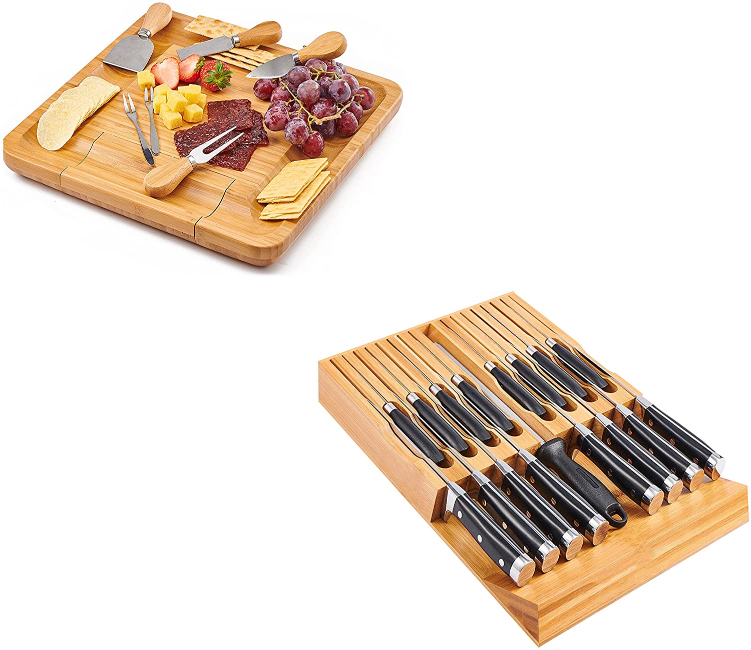 Price:$48.99 In-drawer Knife Block Bamboo Kitchen 16 Knifes Drawer Organizer and Cheese Board with Slide-in Knife Set Tray: Home & Kitchen
