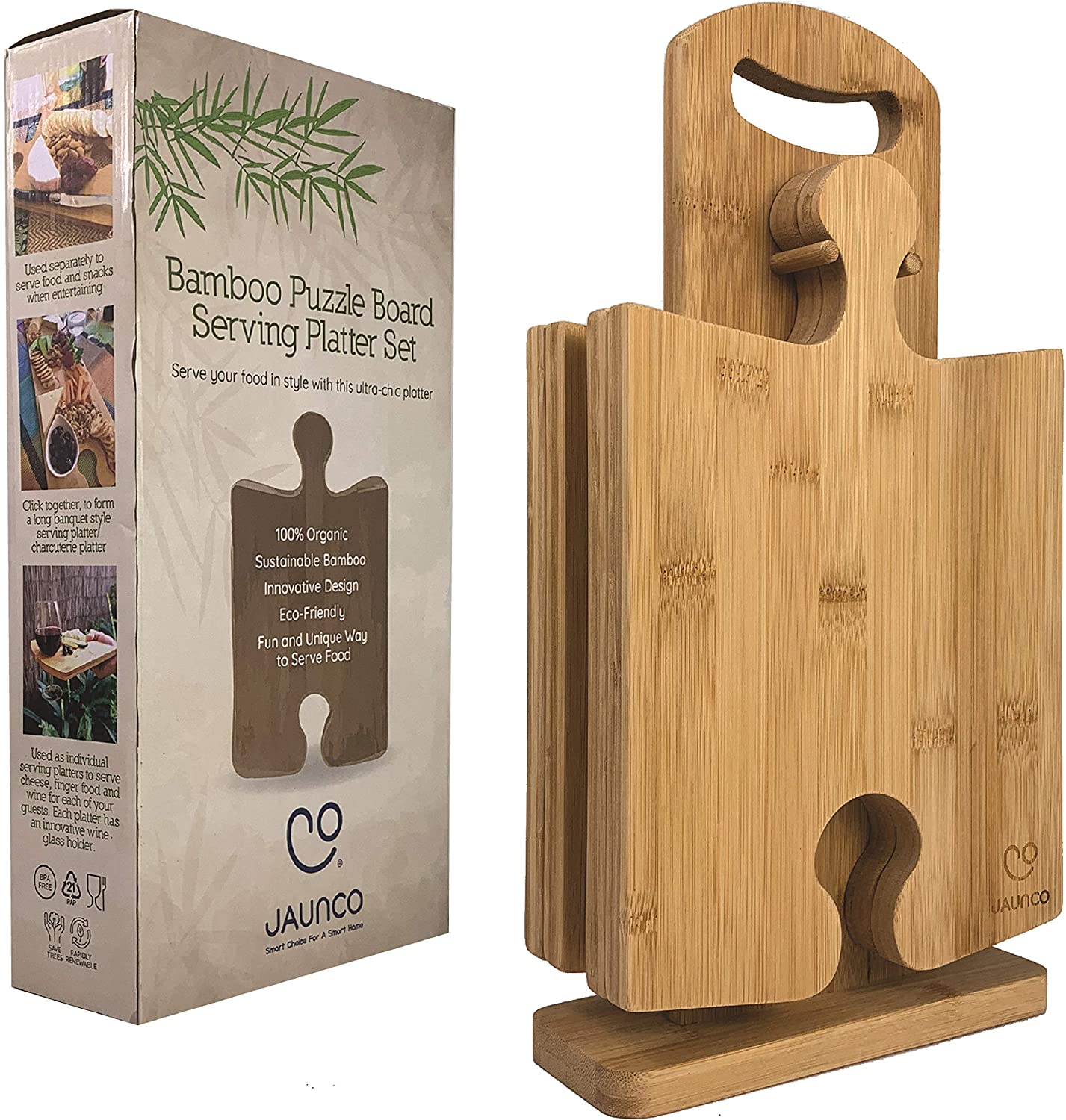 Price:$35.00 Bamboo Cheese Board Set Of 4 | Large Charcuterie Boards | Unique Puzzle Design with Stand | Serving Platters and Trays for Parties | Cheeseboard Charcuterie Board Set | Wine Accessories: Cheese Plates