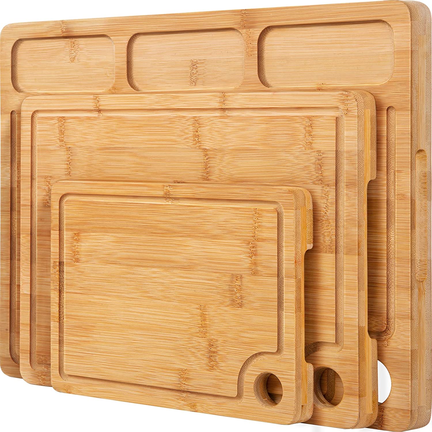 Price:$22.07 Cutting Boards for Kitchen, (Set of 3) Kitchen Chopping Board with 3 Built-In Compartments and Juice Groove Heavy Duty Serving Tray Wood Butcher Block and Wooden Carving Board with Hole: Home & Kitchen