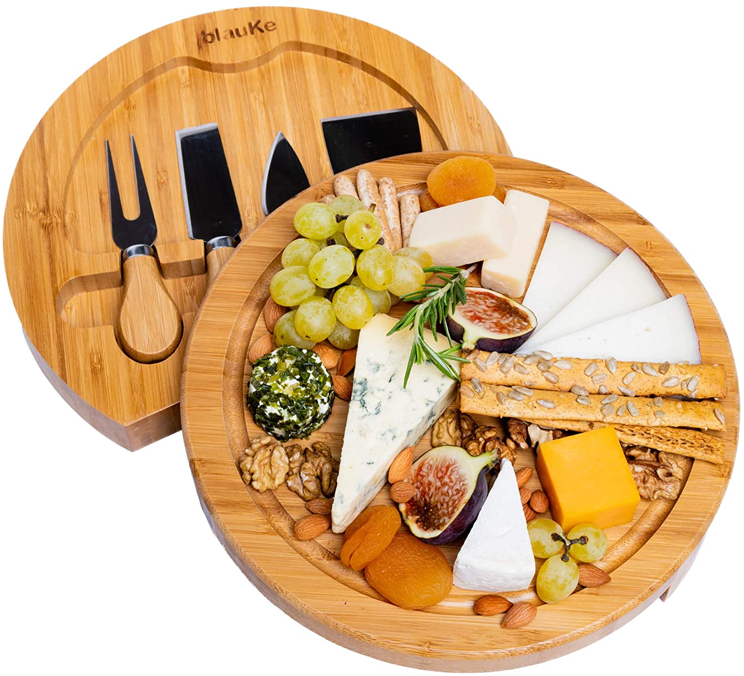 Price:$33.99 Cheese Board and Knife Set - 10 inch Swiveling Charcuterie Board With Slide-Out Drawer, Serving Platter, Round Serving Tray, Wood Cheese Board Set - Birthday Anniversary Housewarming Gift Idea: Cheese Plates