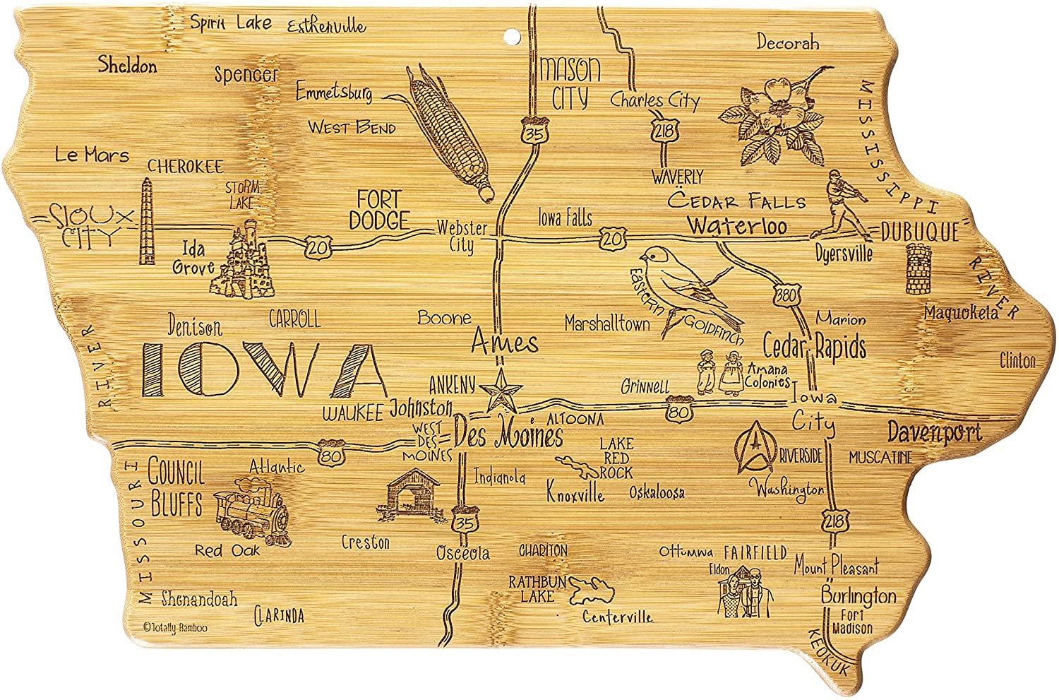 Price:$29.99 Bamboo Destination Iowa State Shaped Serving and Cutting Board, Includes Hang Tie for Wall Display: Home & Kitchen