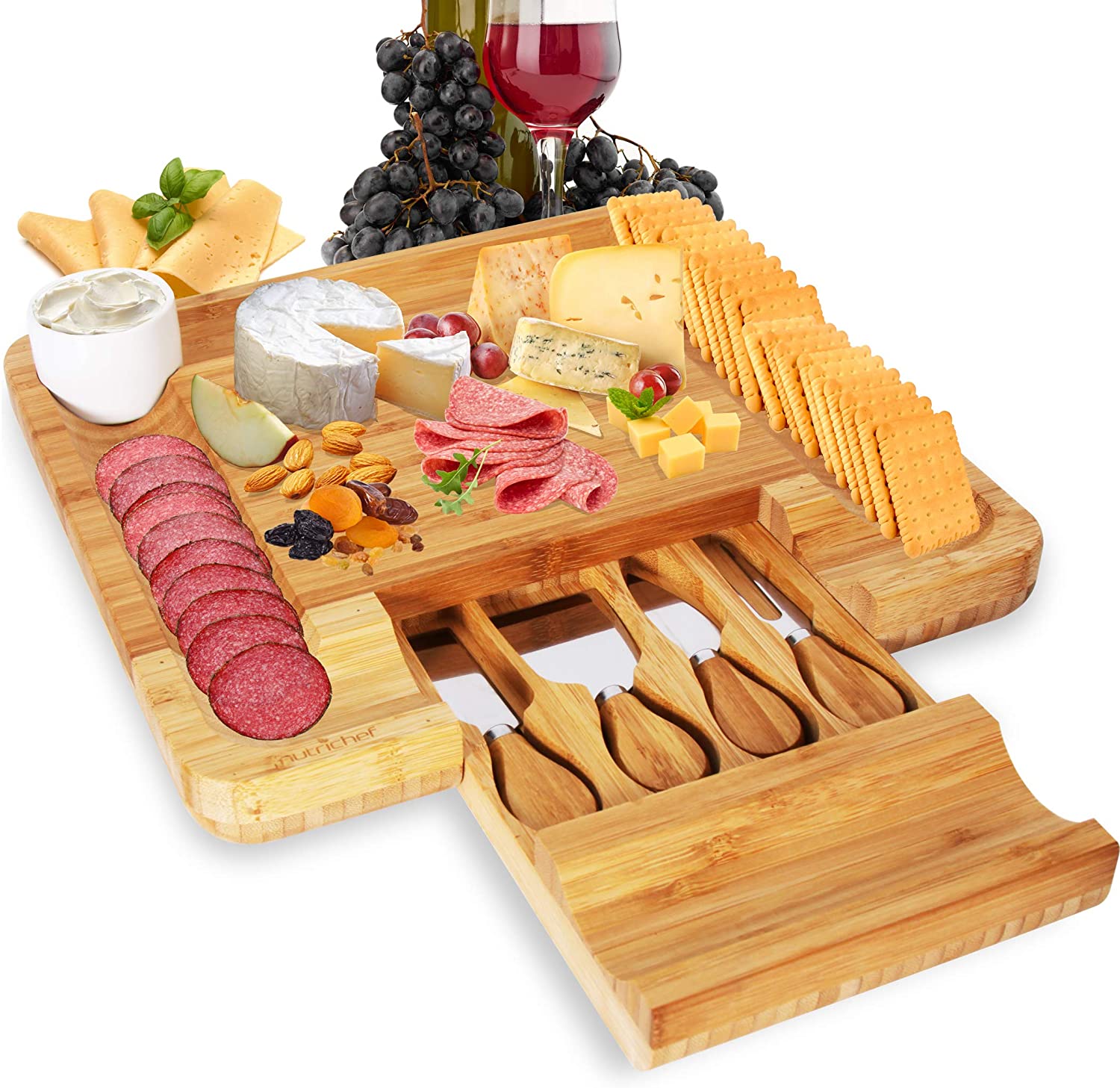 Price:$48.99 Cheese Board Set - Bonus Condiment Cup and 4 Stainless Steel Knives: Cheese Plates